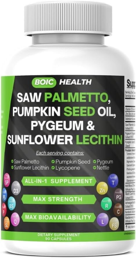 BOIC Saw Palmetto Prostate Support | Extra Strength with Pygeum, Pumpkin Seed Oil, Stinging Nettle, Sunflower Lecithin & Cranberry – Selenium, Zinc & Lycopene – 90 Capsules
