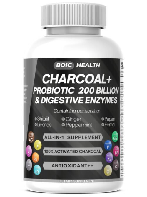 BOIC Activated Charcoal Capsules – Extra Strength with Shilajit, 200 Billion CFU Probiotics, Digestive Enzymes, Peppermint, Fennel, Licorice & Ginger – 120 Capsules