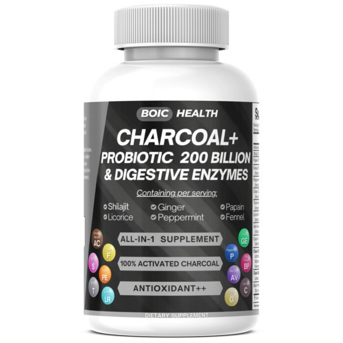 BOIC Activated Charcoal Capsules – Extra Strength with Shilajit, 200 Billion CFU Probiotics, Digestive Enzymes, Peppermint, Fennel, Licorice & Ginger – 120 Capsules