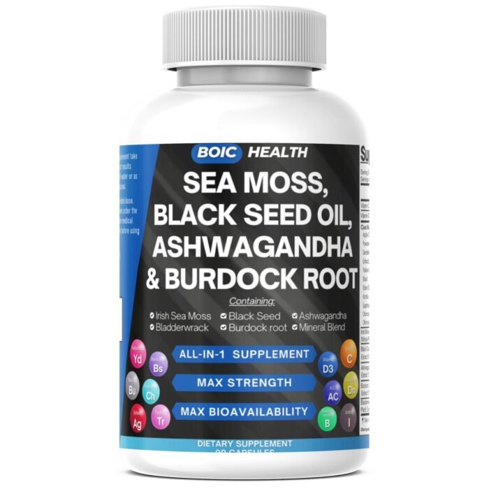 BOIC Sea Moss Capsules – Wildcrafted Irish Sea Moss with Black Seed Oil, Ashwagandha, Bladderwrack, Burdock Root, Turmeric & Elderberry – 15-in-1 Superfood Blend – 90 Capsules