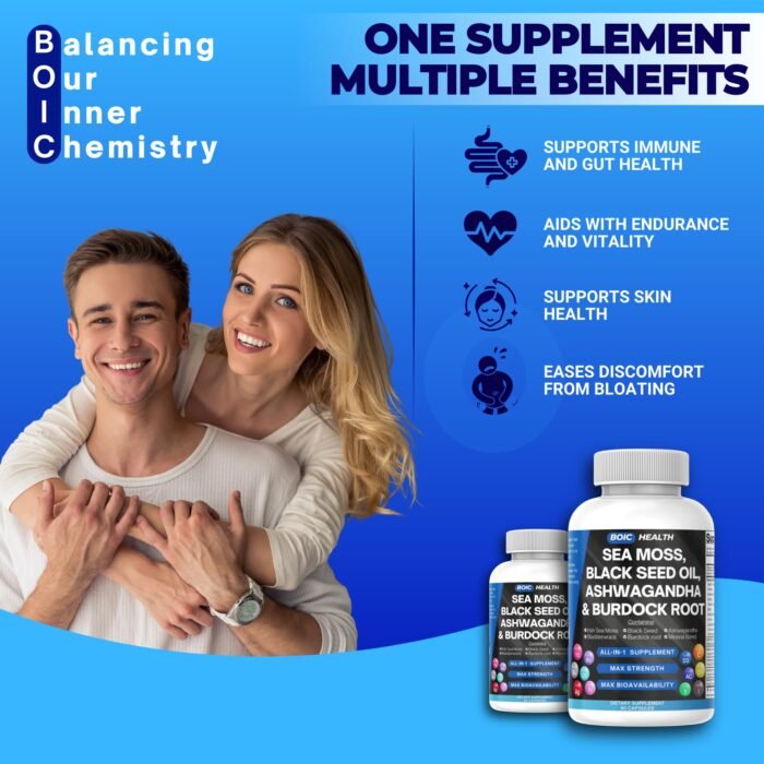 BOIC Sea Moss Capsules – Wildcrafted Irish Sea Moss with Black Seed Oil, Ashwagandha, Bladderwrack, Burdock Root, Turmeric & Elderberry – 15-in-1 Superfood Blend – 90 Capsules
