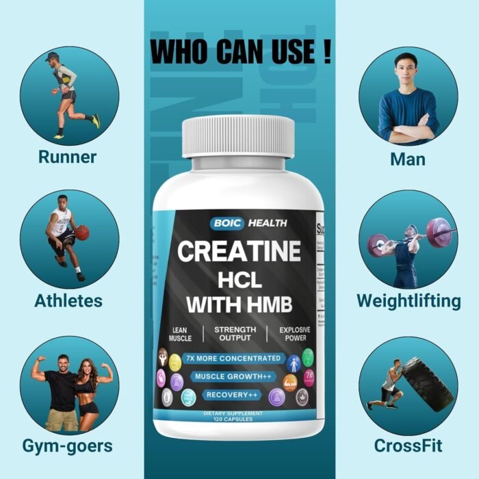 BOIC Creatine HCL + HMB Capsules | 410mg HMB per Serving & 1250mg Creatine Hydrochloride | Performance Formula & Ultra-Pure Strength | No Bloating, Highly Soluble – 120 Capsules