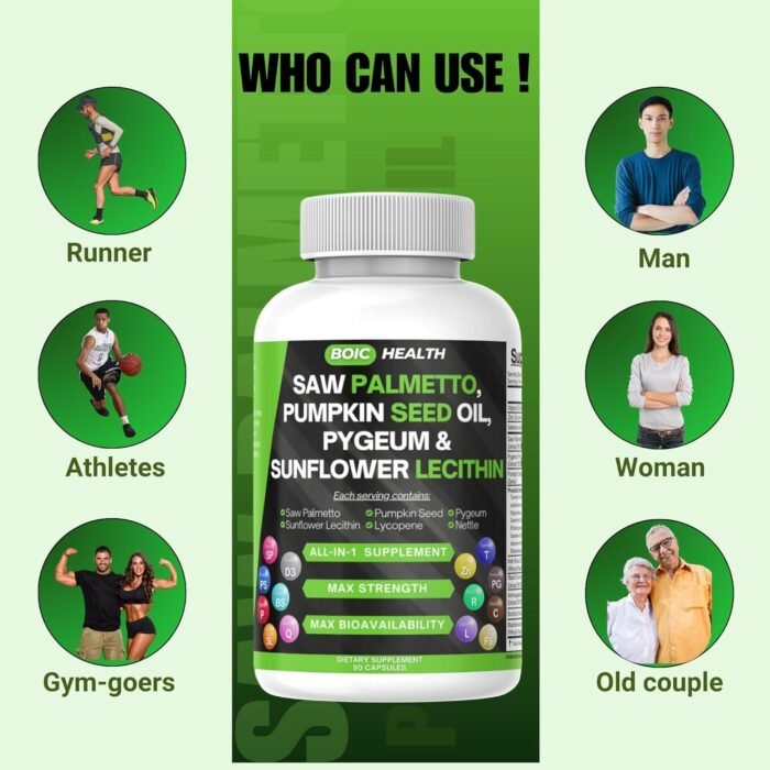 BOIC Saw Palmetto Prostate Support | Extra Strength with Pygeum, Pumpkin Seed Oil, Stinging Nettle, Sunflower Lecithin & Cranberry – Selenium, Zinc & Lycopene – 90 Capsules