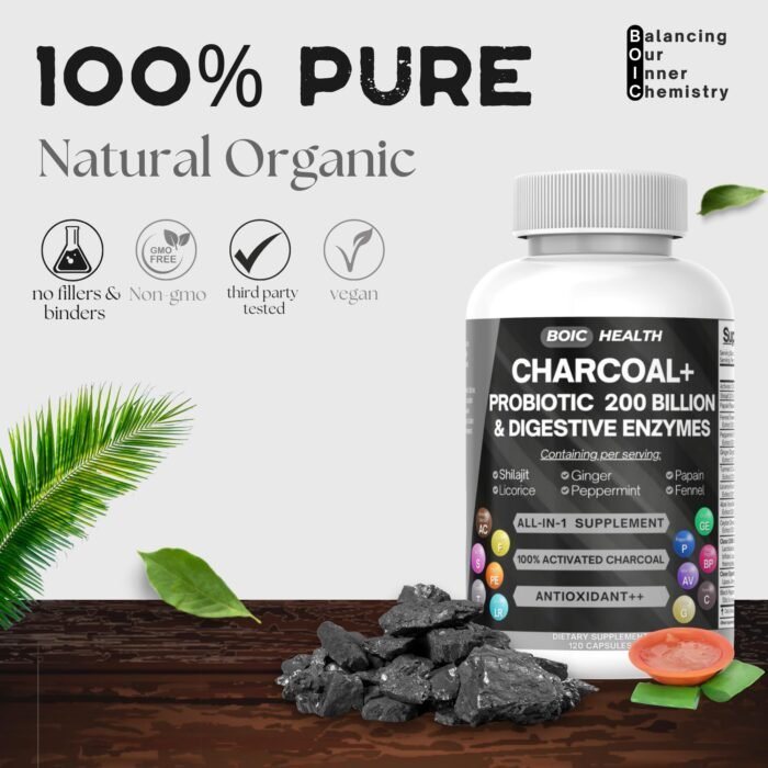 BOIC Activated Charcoal Capsules – Extra Strength with Shilajit, 200 Billion CFU Probiotics, Digestive Enzymes, Peppermint, Fennel, Licorice & Ginger – 120 Capsules