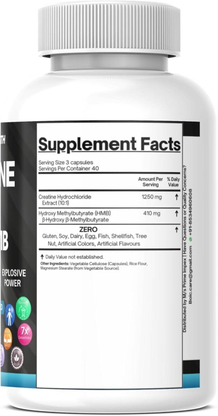 BOIC Creatine HCL + HMB Capsules | 410mg HMB per Serving & 1250mg Creatine Hydrochloride | Performance Formula & Ultra-Pure Strength | No Bloating, Highly Soluble – 120 Capsules