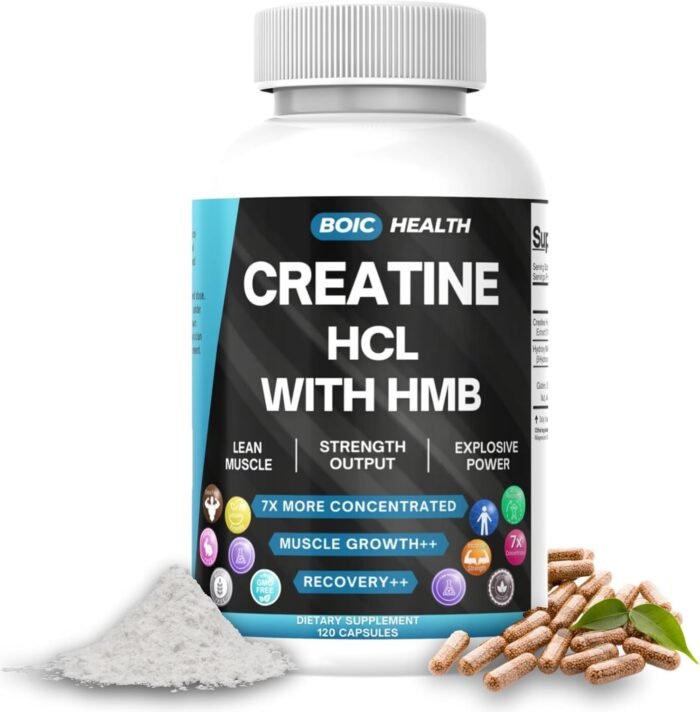 BOIC Creatine HCL + HMB Capsules | 410mg HMB per Serving & 1250mg Creatine Hydrochloride | Performance Formula & Ultra-Pure Strength | No Bloating, Highly Soluble – 120 Capsules