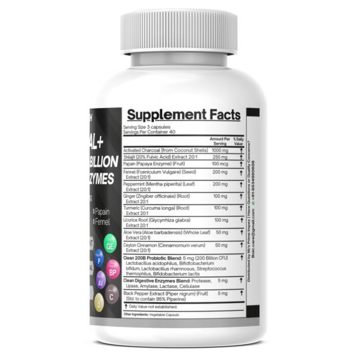 BOIC Activated Charcoal Capsules – Extra Strength with Shilajit, 200 Billion CFU Probiotics, Digestive Enzymes, Peppermint, Fennel, Licorice & Ginger – 120 Capsules