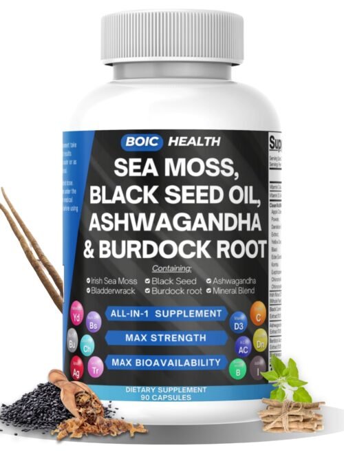 BOIC Sea Moss Capsules – Wildcrafted Irish Sea Moss with Black Seed Oil, Ashwagandha, Bladderwrack, Burdock Root, Turmeric & Elderberry – 15-in-1 Superfood Blend – 90 Capsules