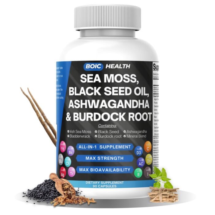 BOIC Sea Moss Capsules – Wildcrafted Irish Sea Moss with Black Seed Oil, Ashwagandha, Bladderwrack, Burdock Root, Turmeric & Elderberry – 15-in-1 Superfood Blend – 90 Capsules